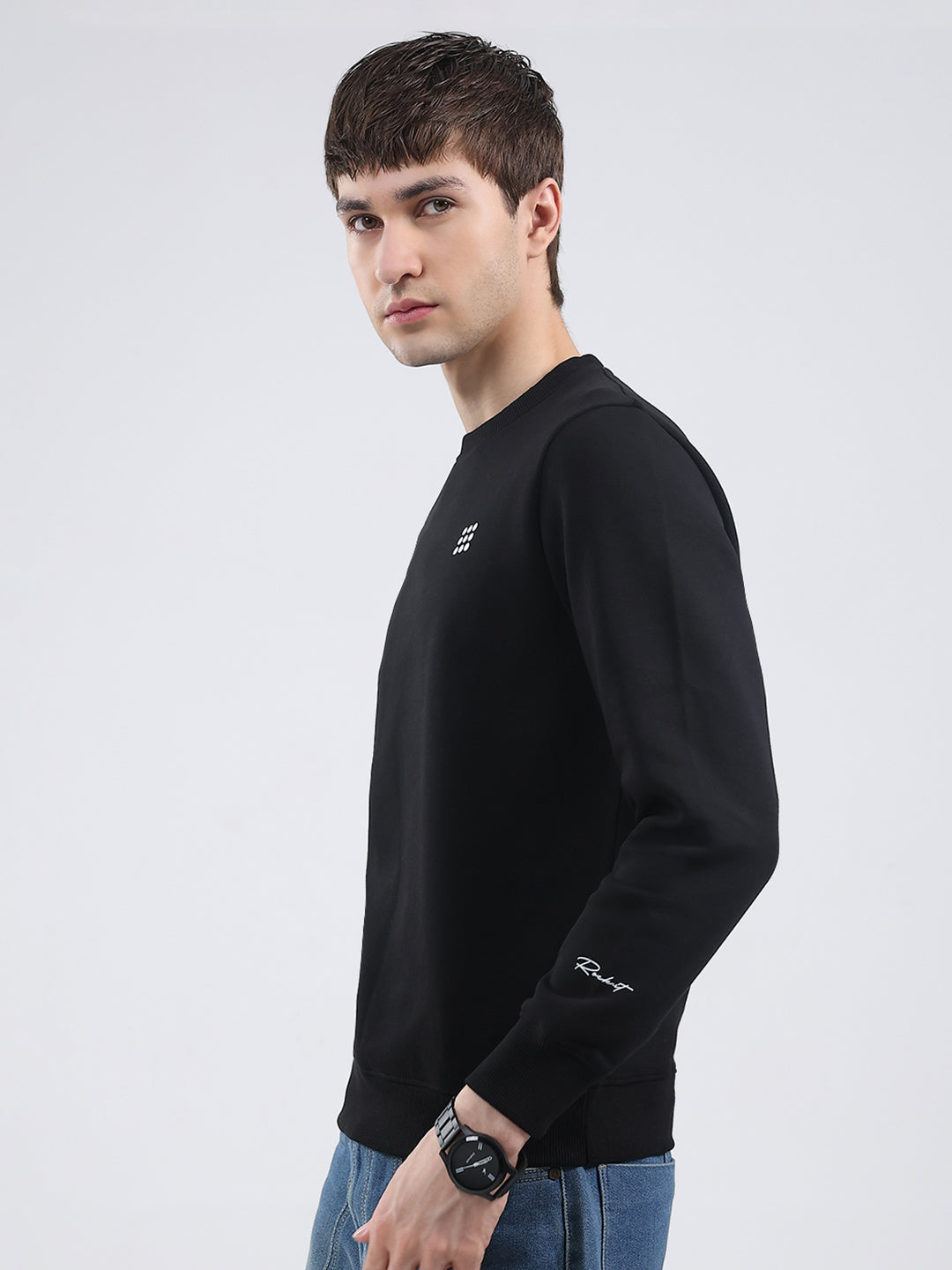 Rock.it Men Black Solid Round Neck Full Sleeve Sweatshirt