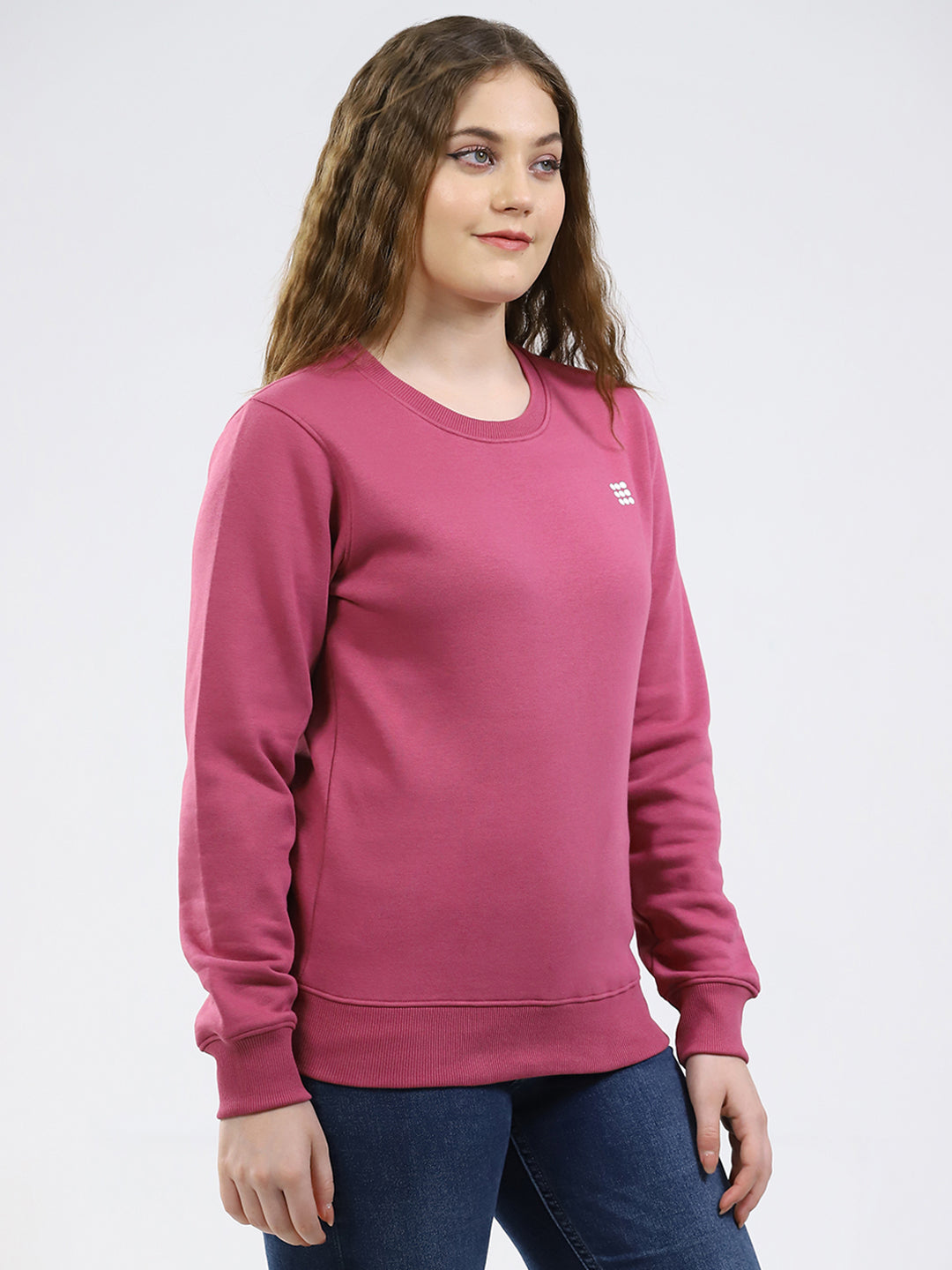 Rock.it Women Rose Pink Solid Round Neck Full Sleeve Sweatshirt