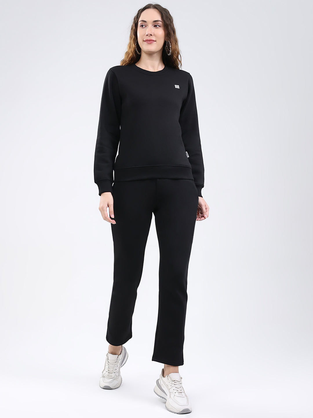 Rock.it Women Black Solid Round Neck Full Sleeve Winter Tracksuit
