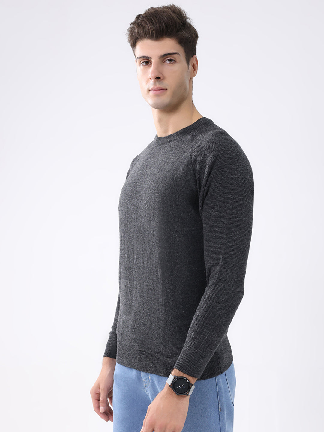 Rock.it Men Charcoal Solid Round Neck Full Sleeve Pullover