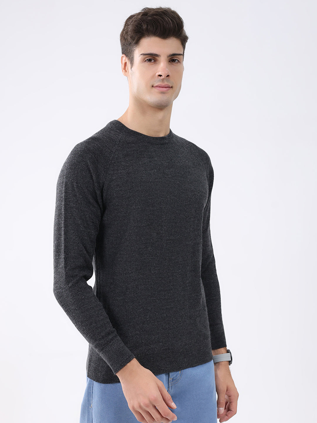 Rock.it Men Charcoal Solid Round Neck Full Sleeve Pullover