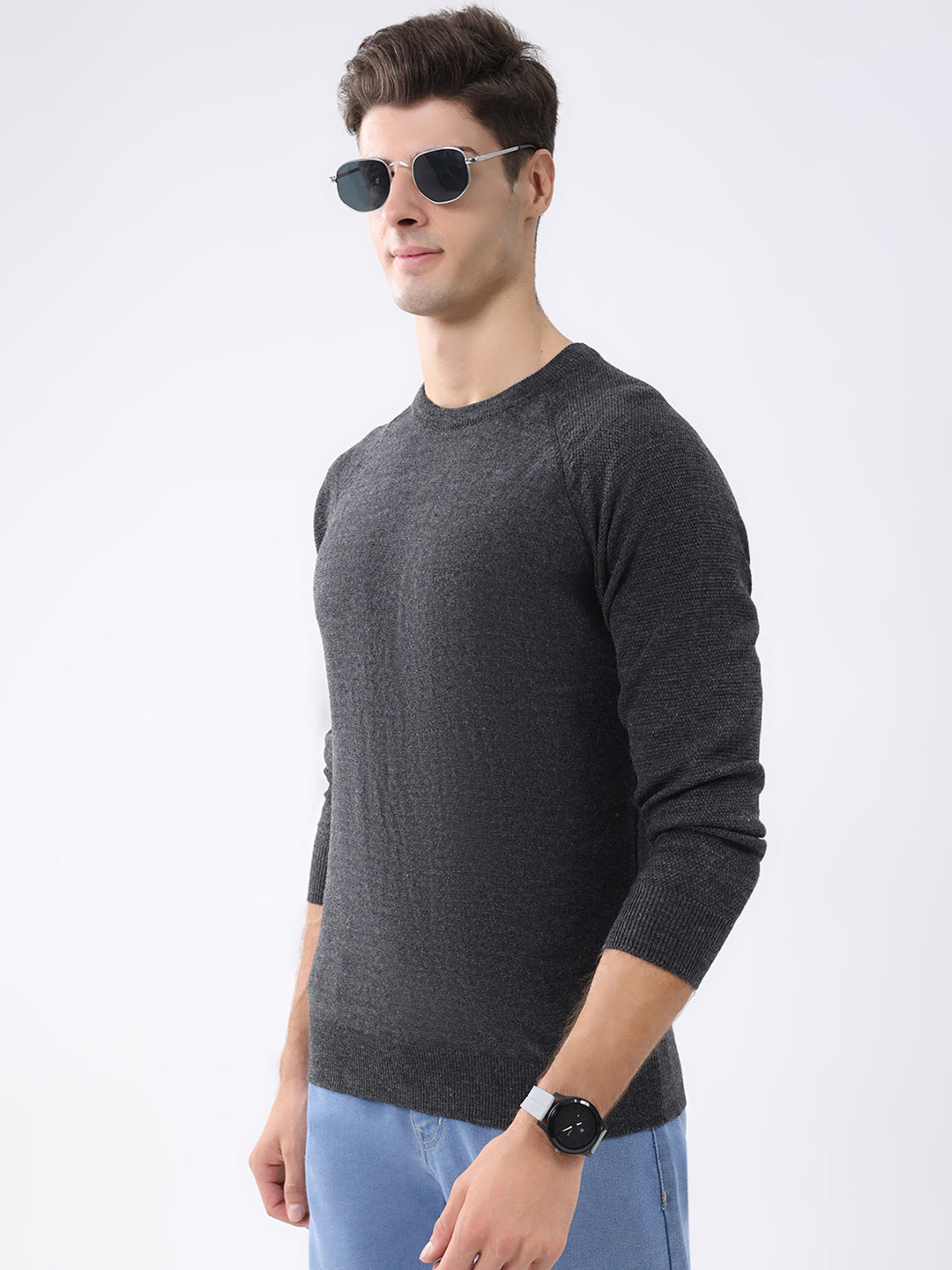 Rock.it Men Charcoal Solid Round Neck Full Sleeve Pullover