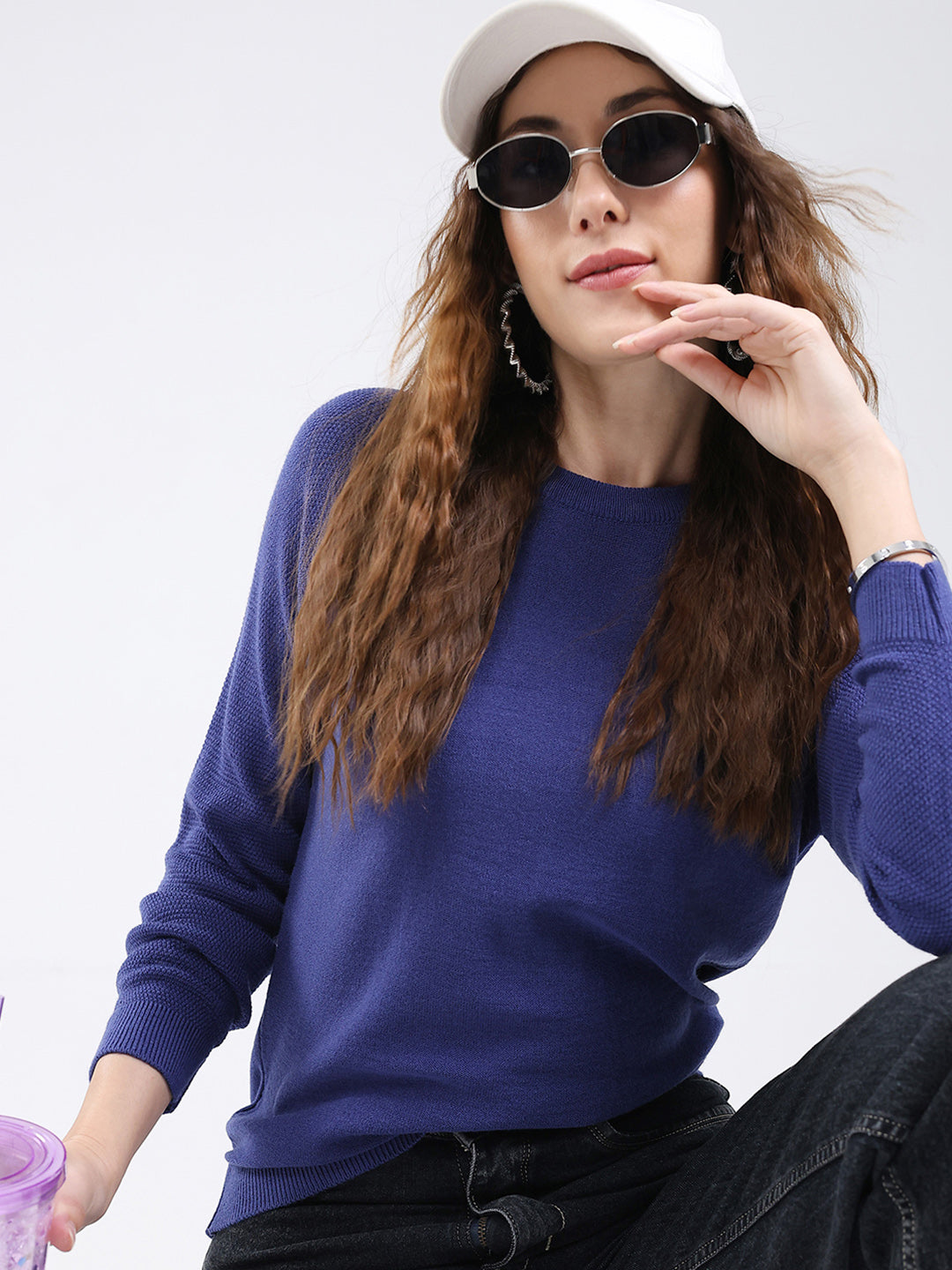 Rock.it Women Blue Solid Round Neck Full Sleeve Pullover