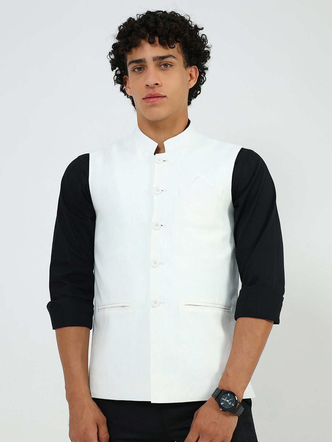 Men White Solid Band Neck Sleeveless Nehru Jacket