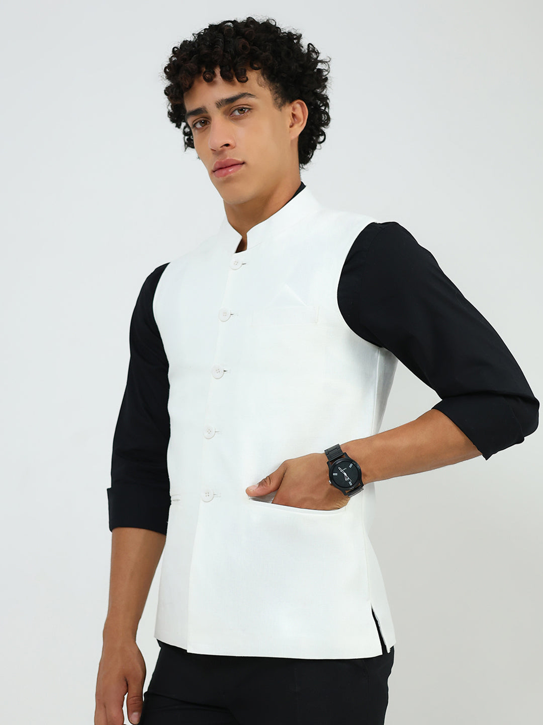 Men White Solid Band Neck Sleeveless Nehru Jacket