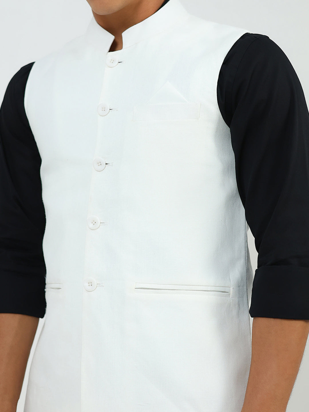 Men White Solid Band Neck Sleeveless Nehru Jacket