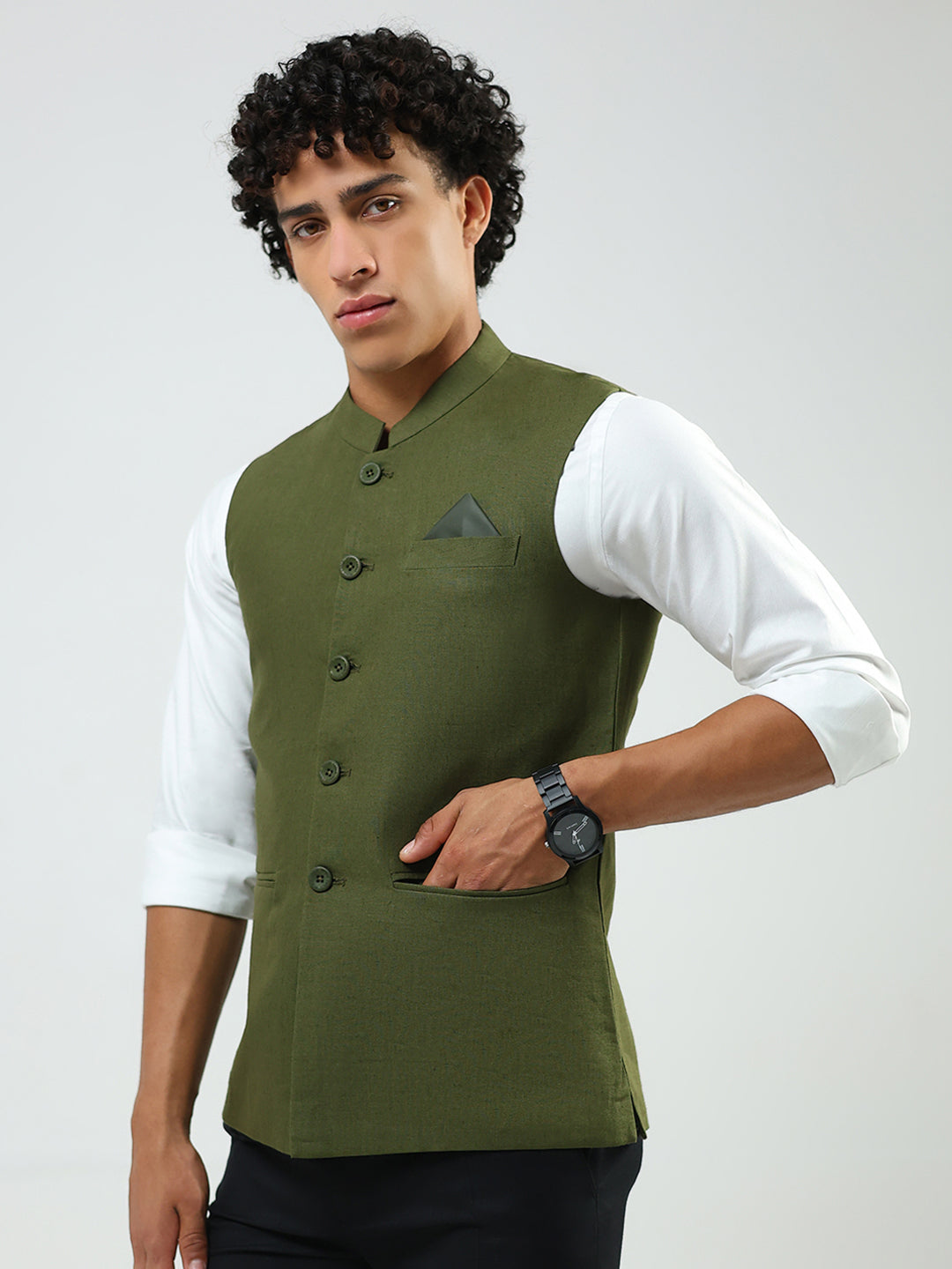 Men Olive Solid Band Neck Sleeveless Nehru Jacket