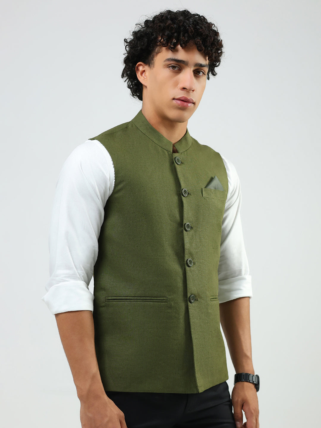 Men Olive Solid Band Neck Sleeveless Nehru Jacket