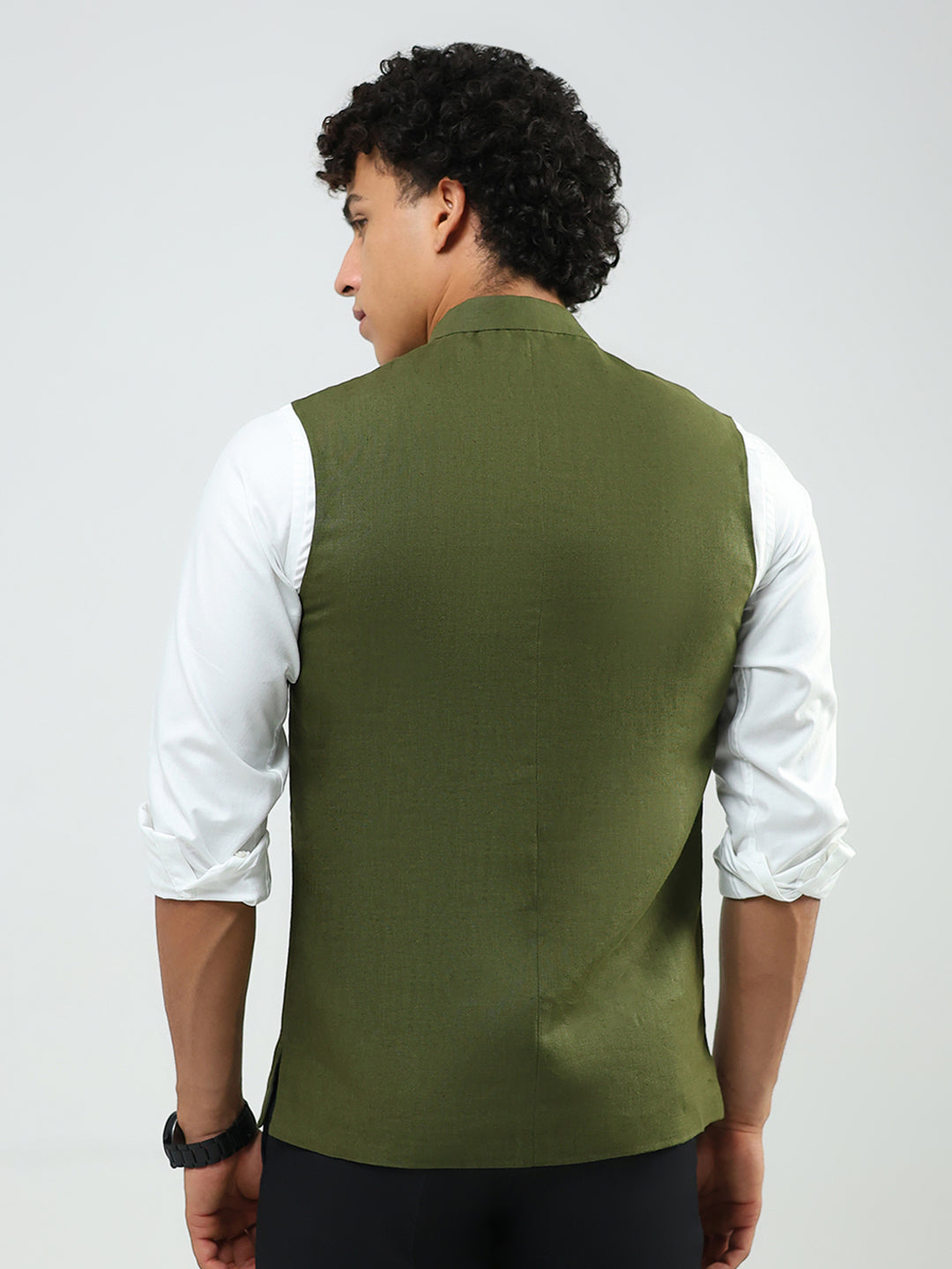 Men Olive Solid Band Neck Sleeveless Nehru Jacket
