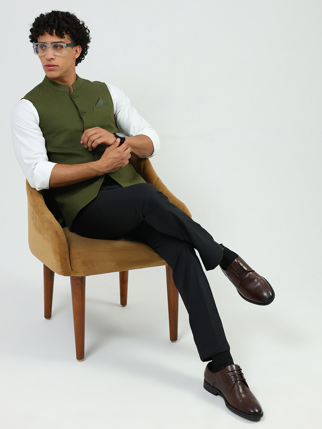 Men Olive Solid Band Neck Sleeveless Nehru Jacket