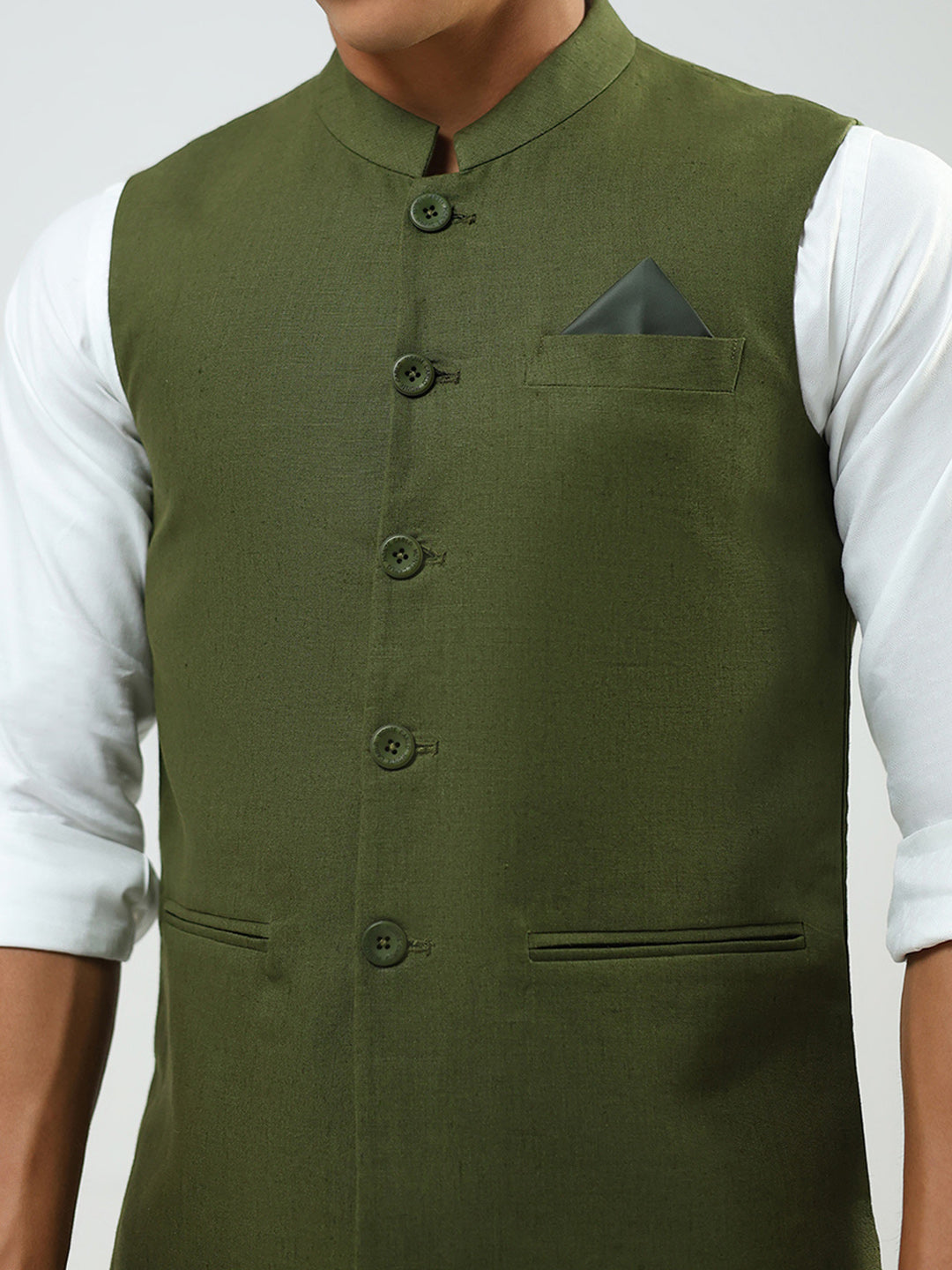 Men Olive Solid Band Neck Sleeveless Nehru Jacket