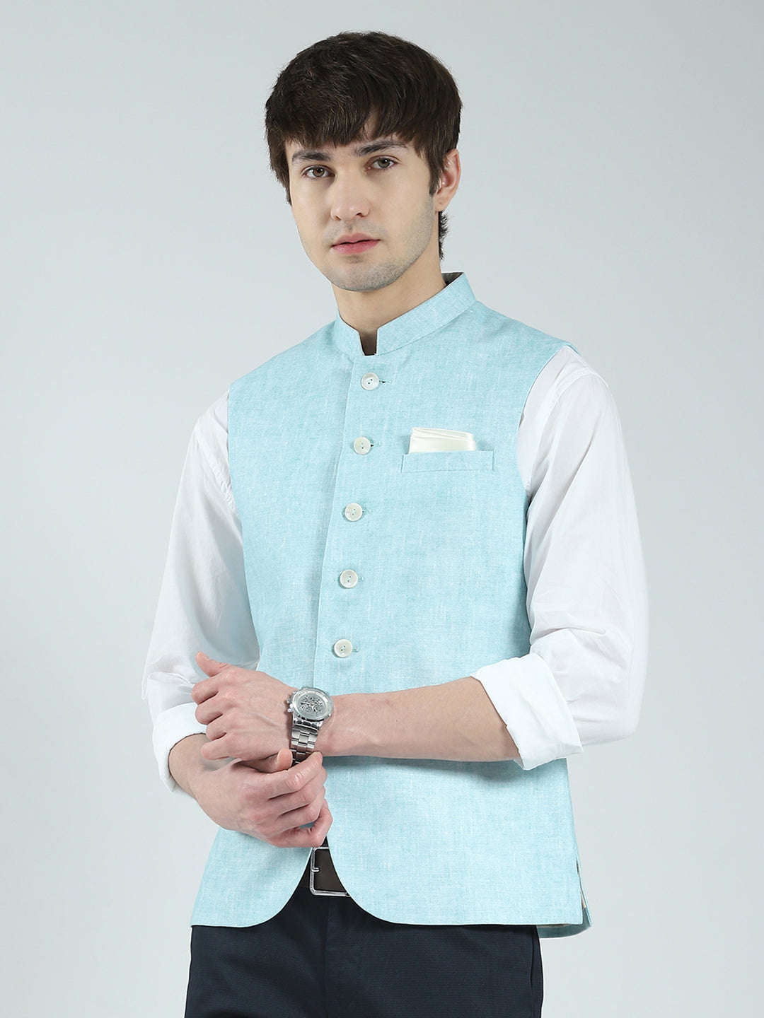 Men Blue Printed Band Neck Sleeveless Nehru Jacket