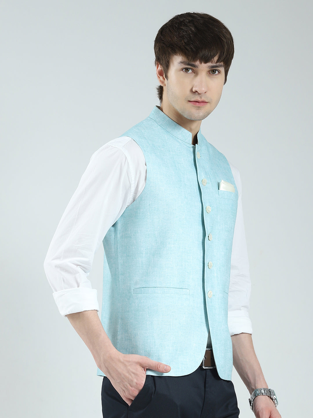 Men Blue Printed Band Neck Sleeveless Nehru Jacket