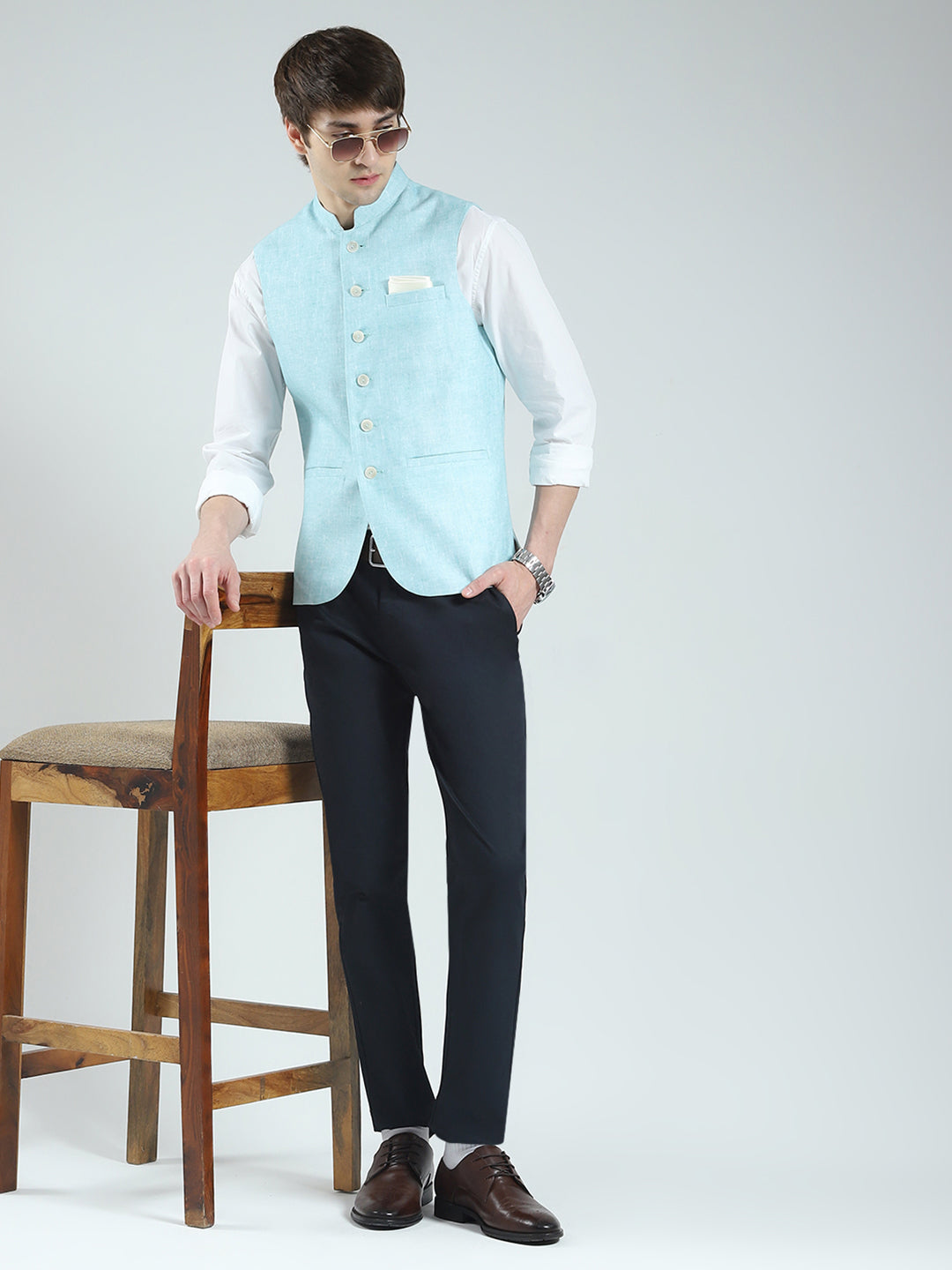 Men Blue Printed Band Neck Sleeveless Nehru Jacket