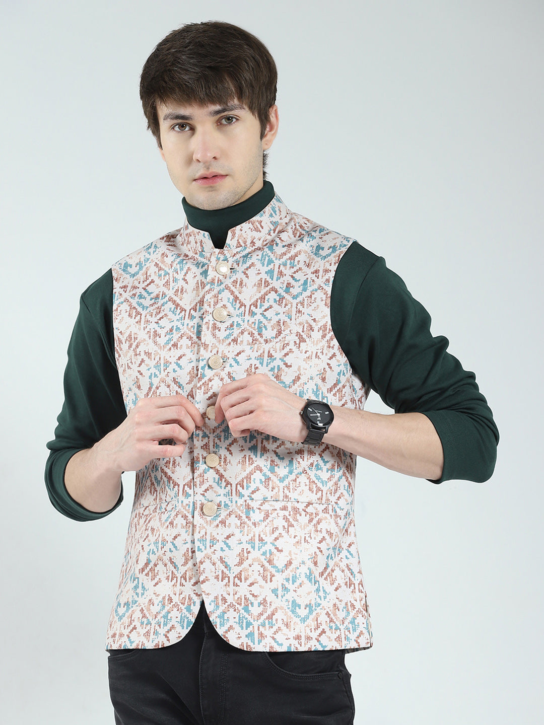 Men Peach Printed Band Neck Sleeveless Nehru Jacket