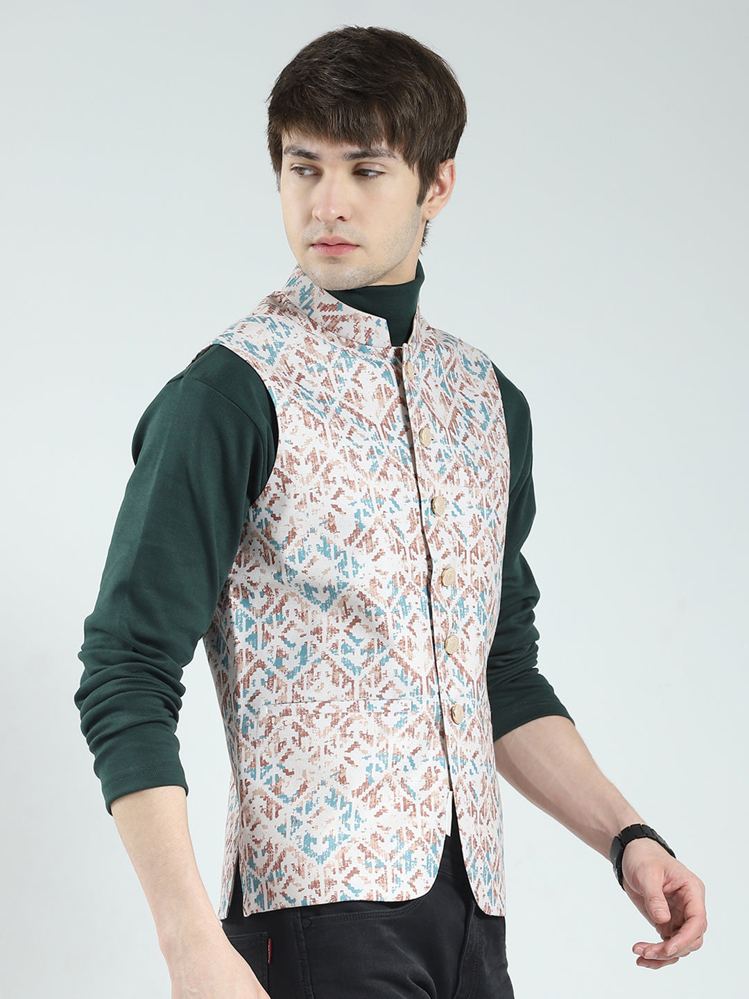 Men Peach Printed Band Neck Sleeveless Nehru Jacket