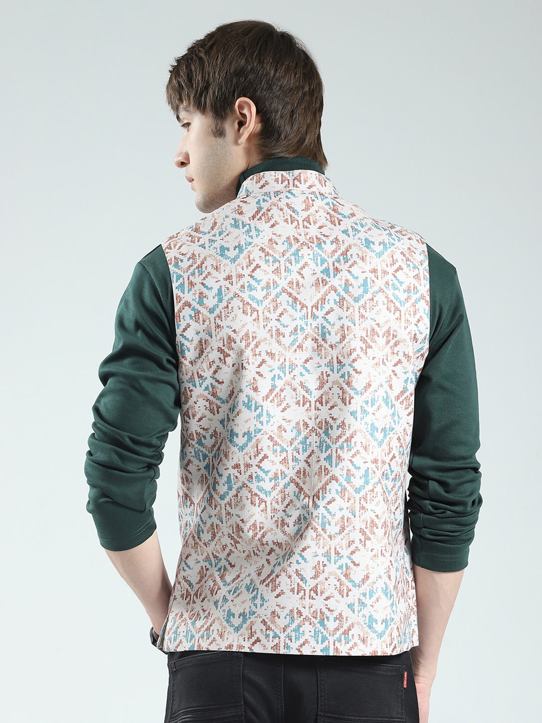 Men Peach Printed Band Neck Sleeveless Nehru Jacket