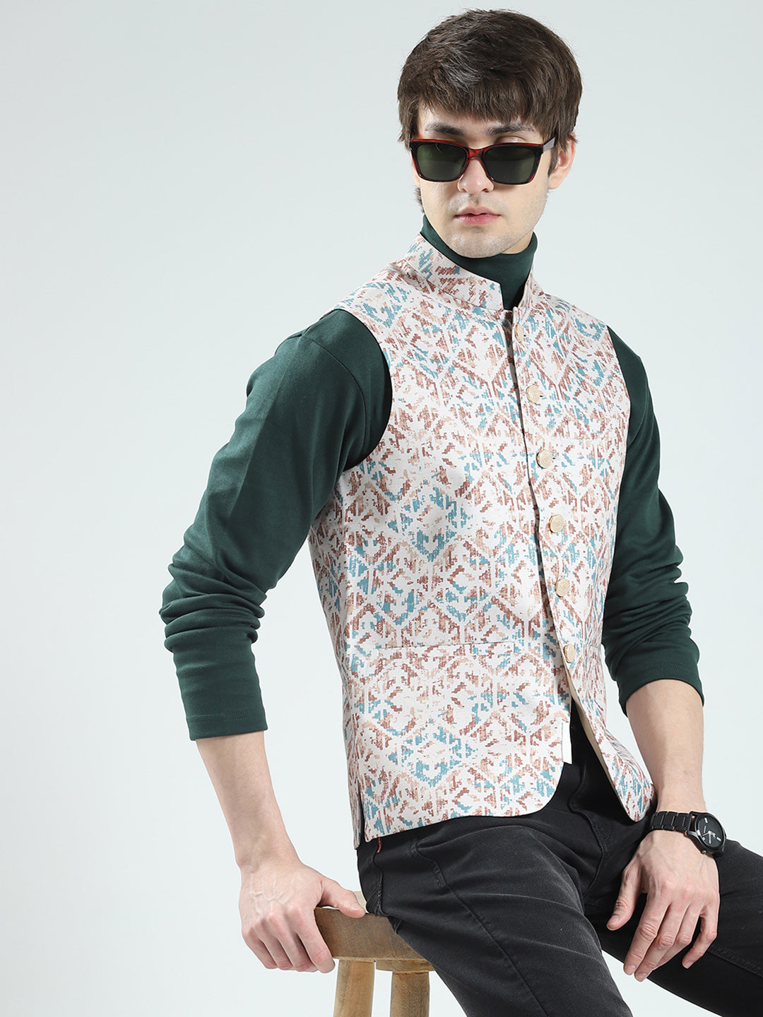 Men Peach Printed Band Neck Sleeveless Nehru Jacket
