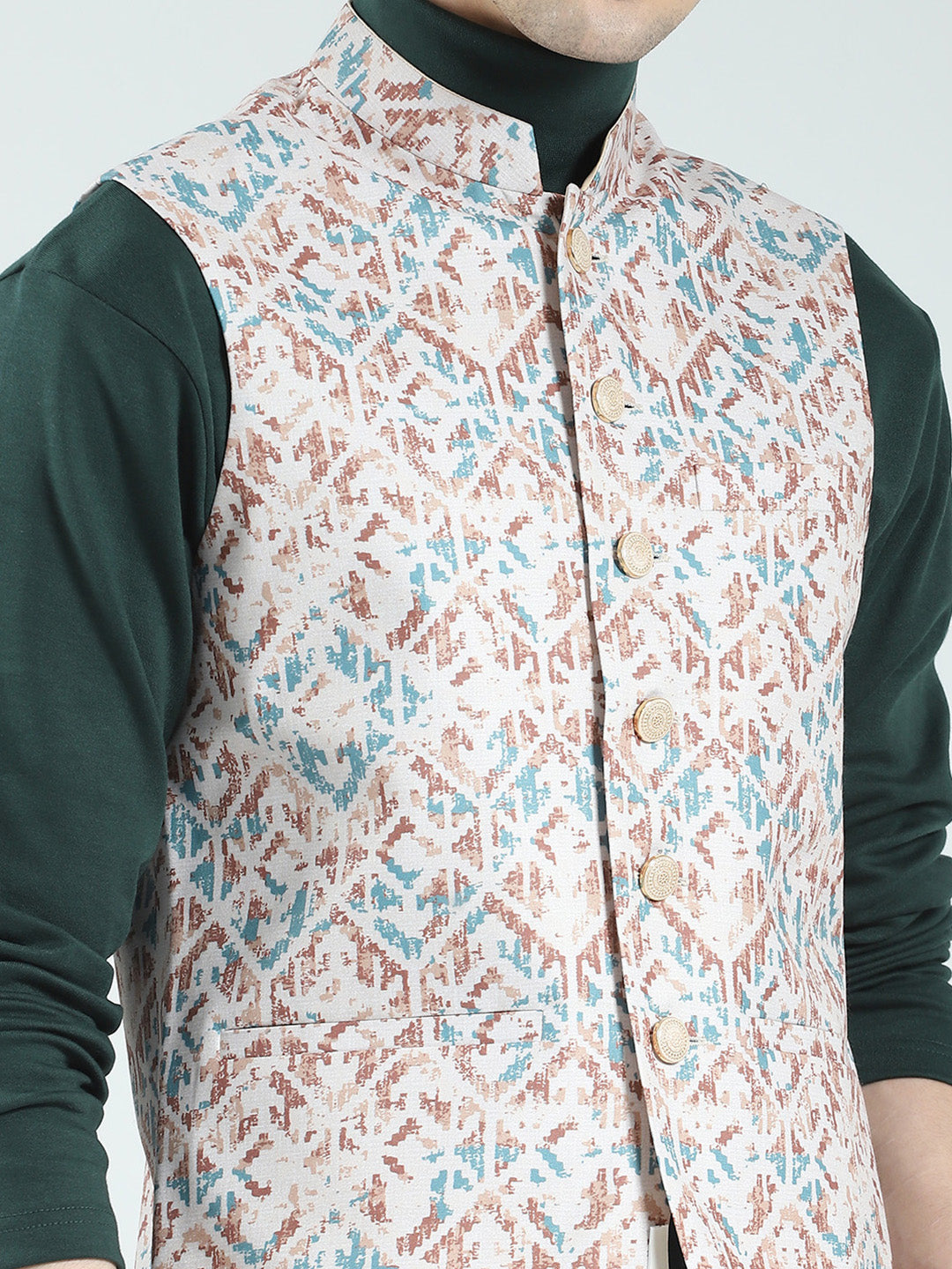 Men Peach Printed Band Neck Sleeveless Nehru Jacket