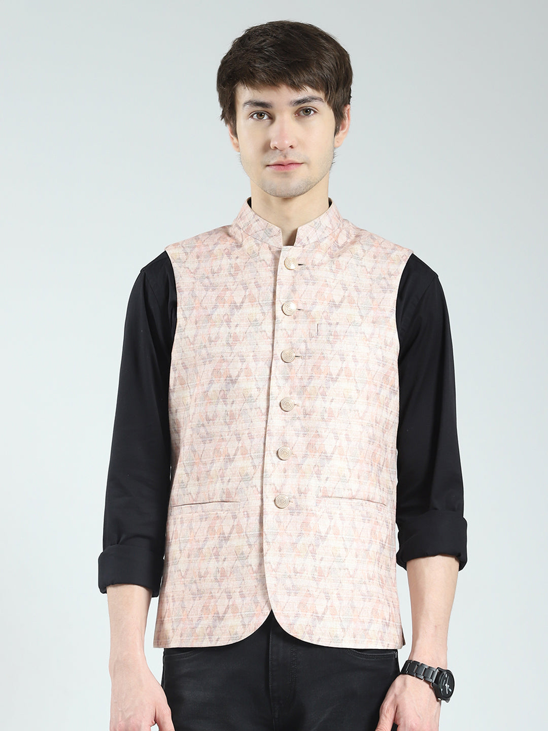 Men Beige Printed Band Neck Sleeveless Nehru Jacket