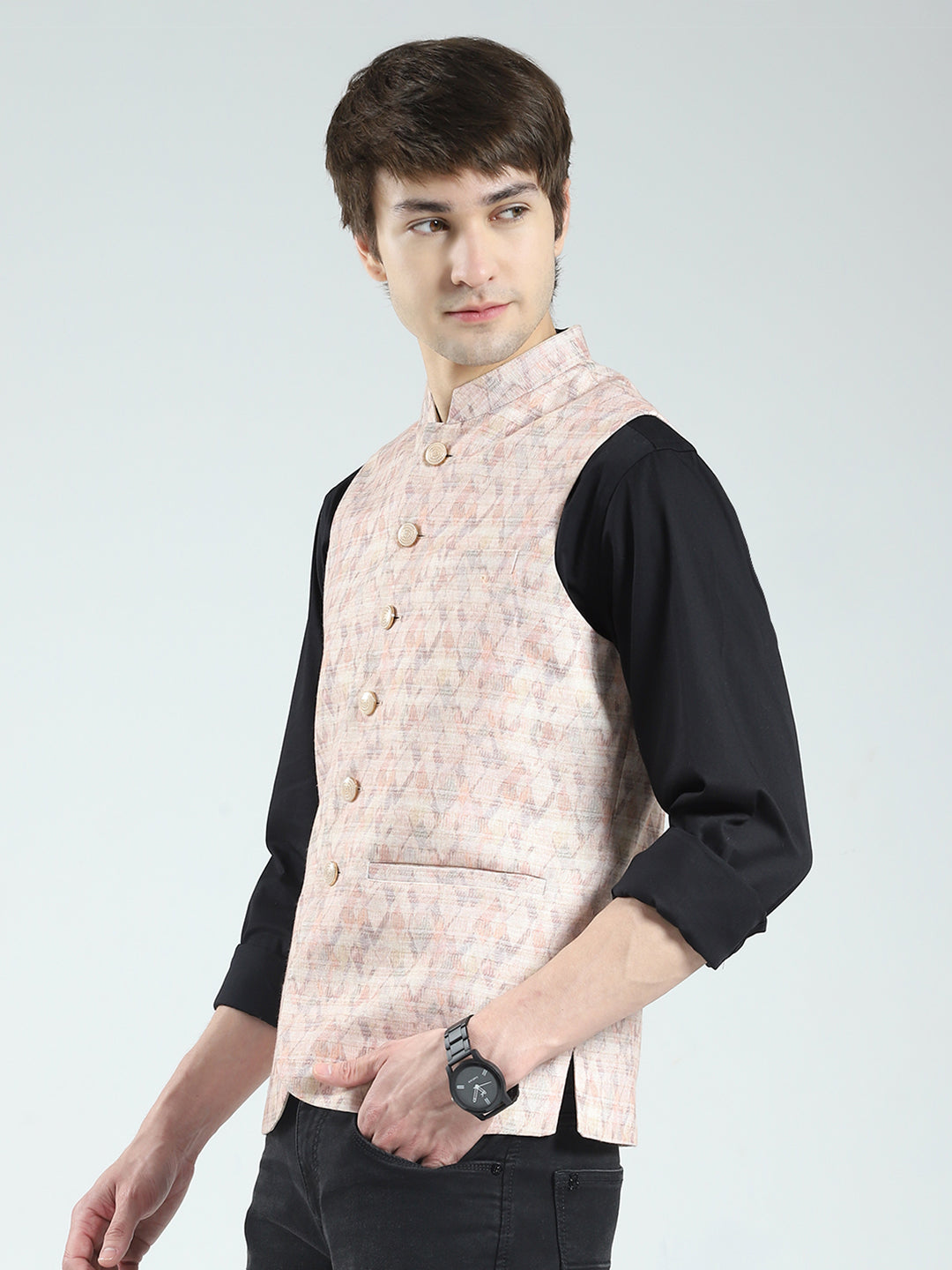 Men Beige Printed Band Neck Sleeveless Nehru Jacket