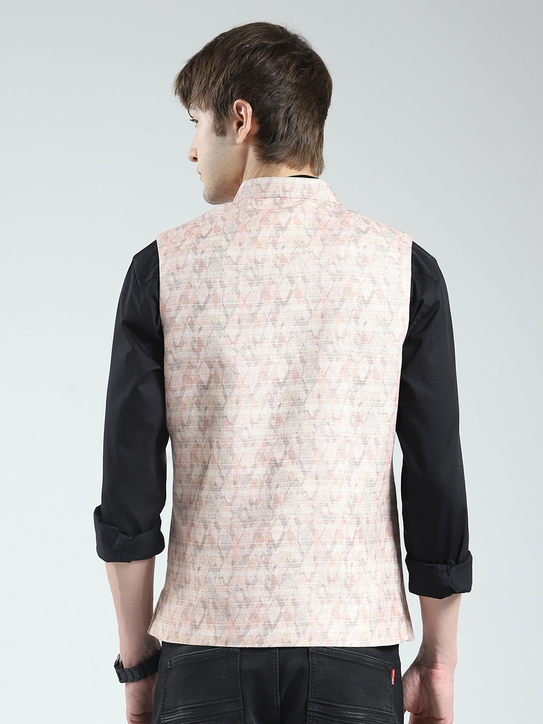 Men Beige Printed Band Neck Sleeveless Nehru Jacket