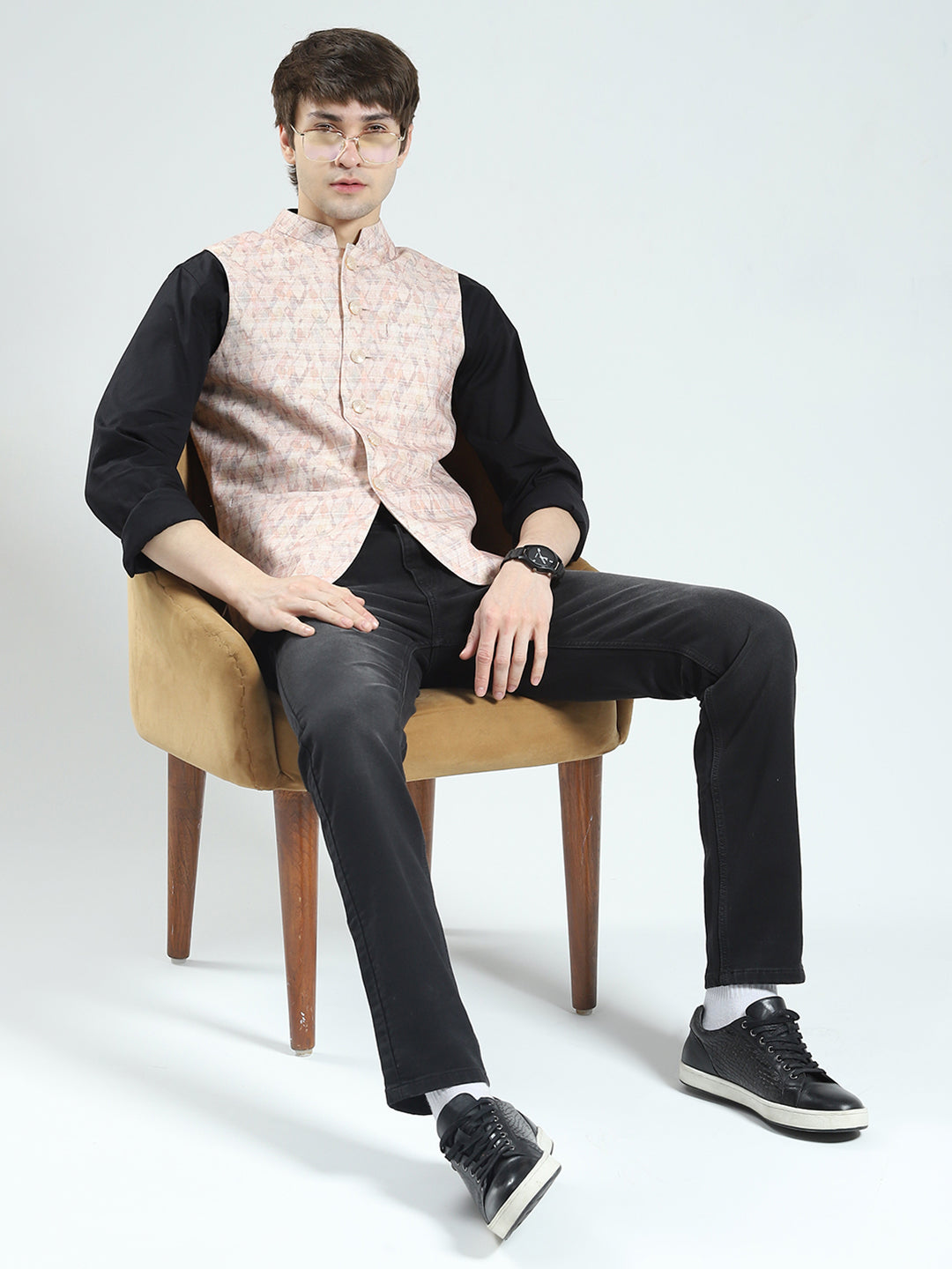 Men Beige Printed Band Neck Sleeveless Nehru Jacket