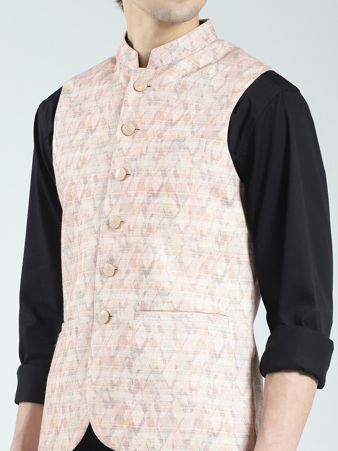 Men Beige Printed Band Neck Sleeveless Nehru Jacket