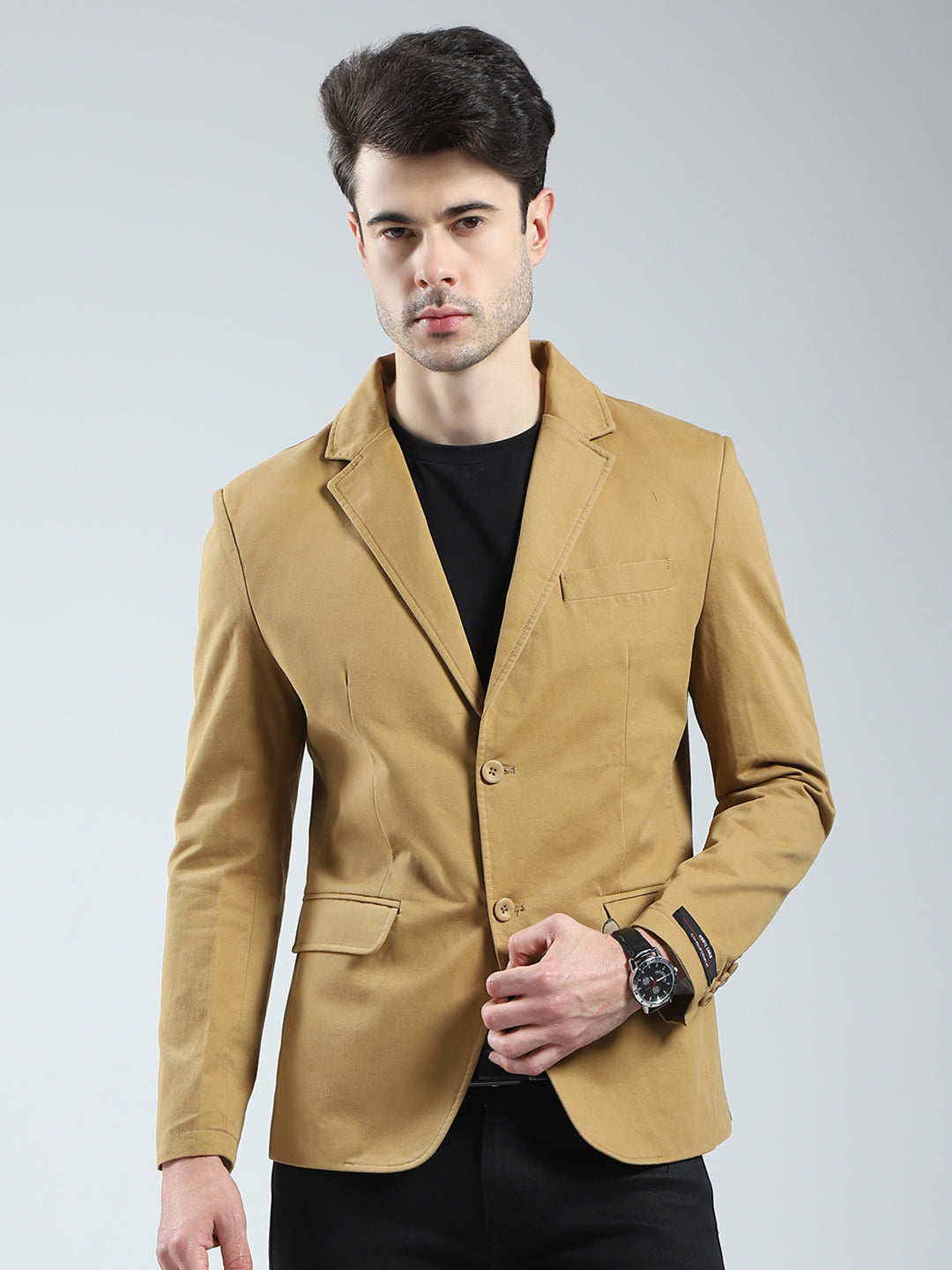 Men Khaki Solid Notch Lapel Collar Full Sleeve Blazer