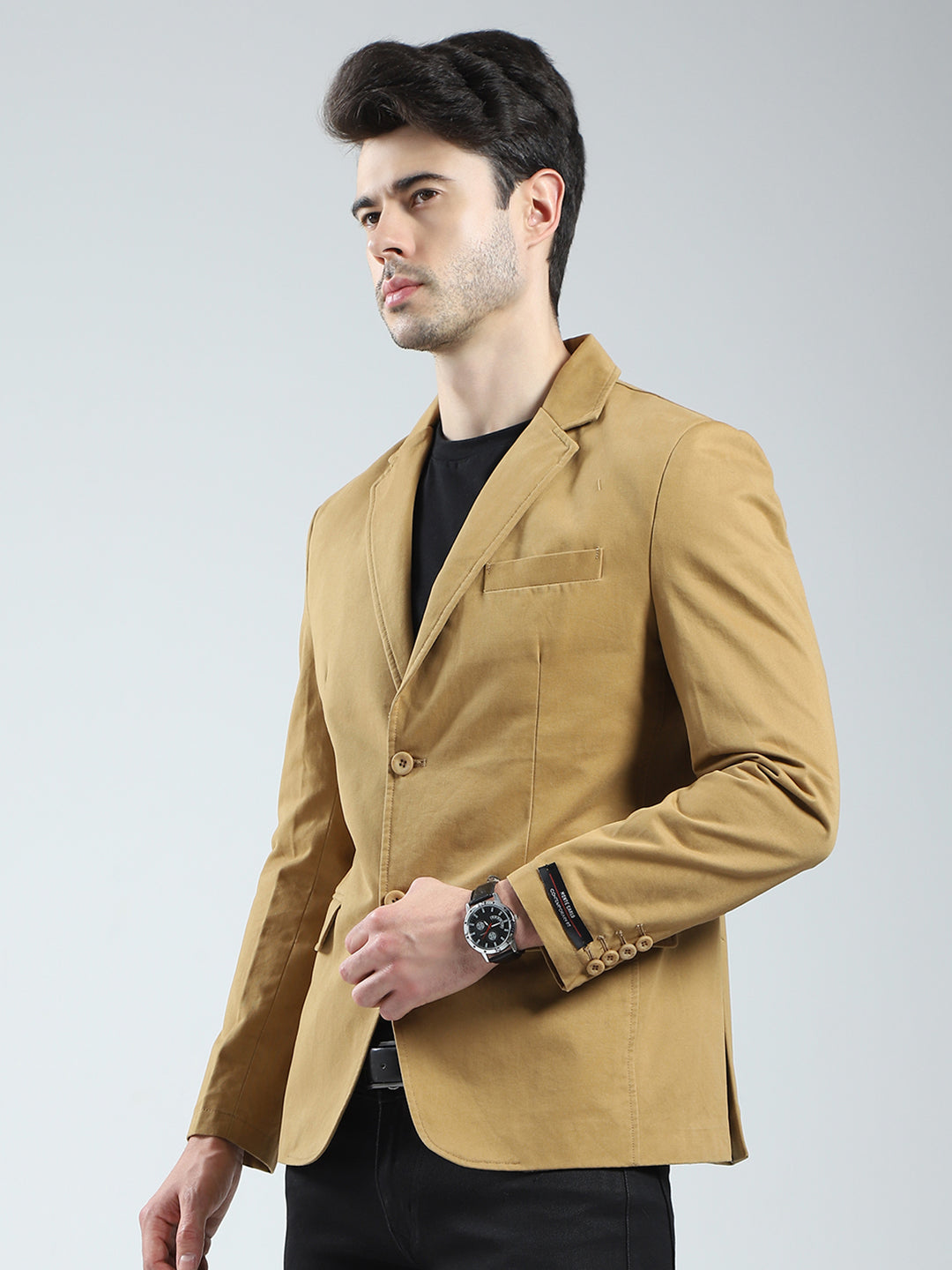 Men Khaki Solid Notch Lapel Collar Full Sleeve Blazer