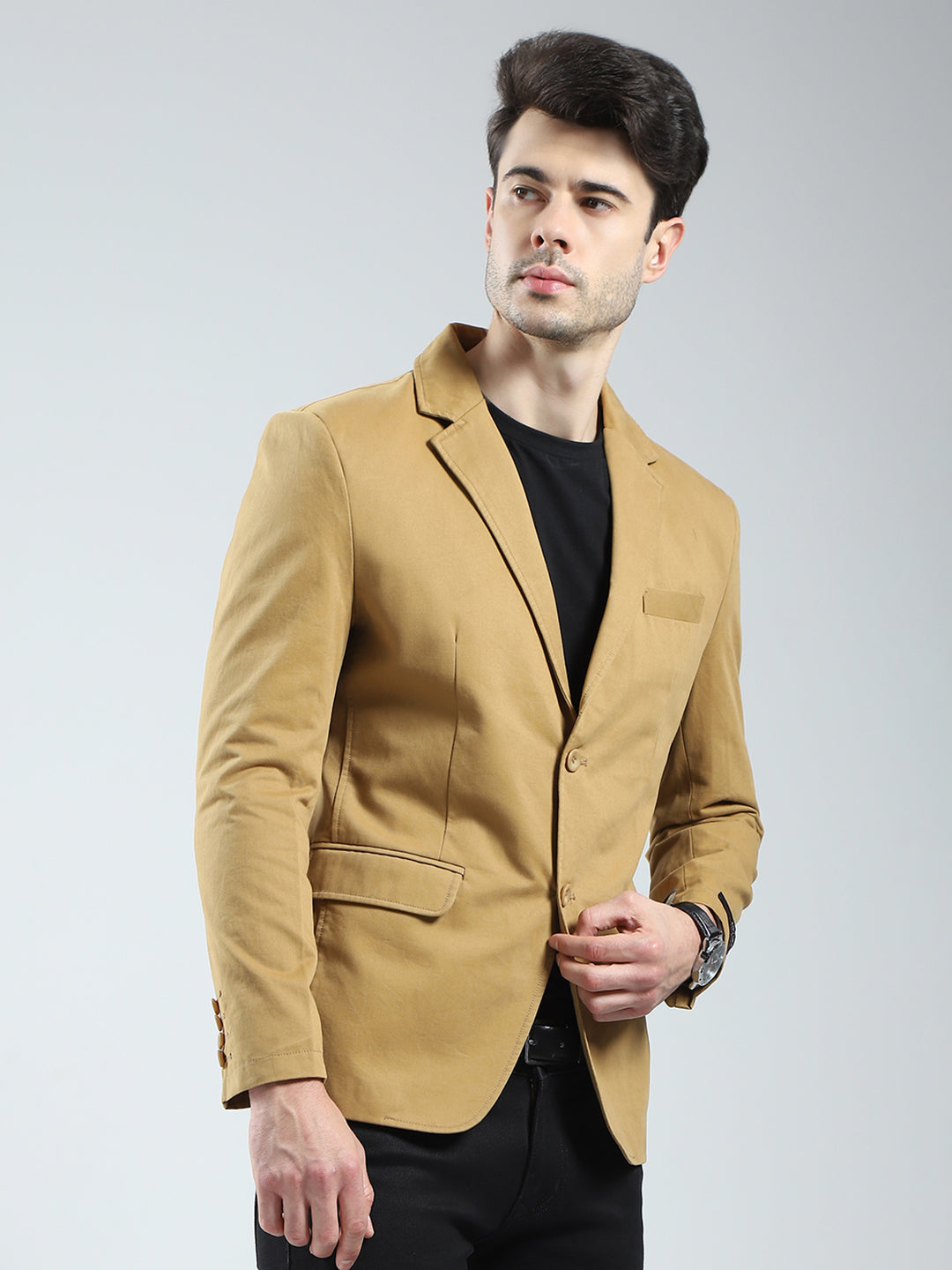 Men Khaki Solid Notch Lapel Collar Full Sleeve Blazer