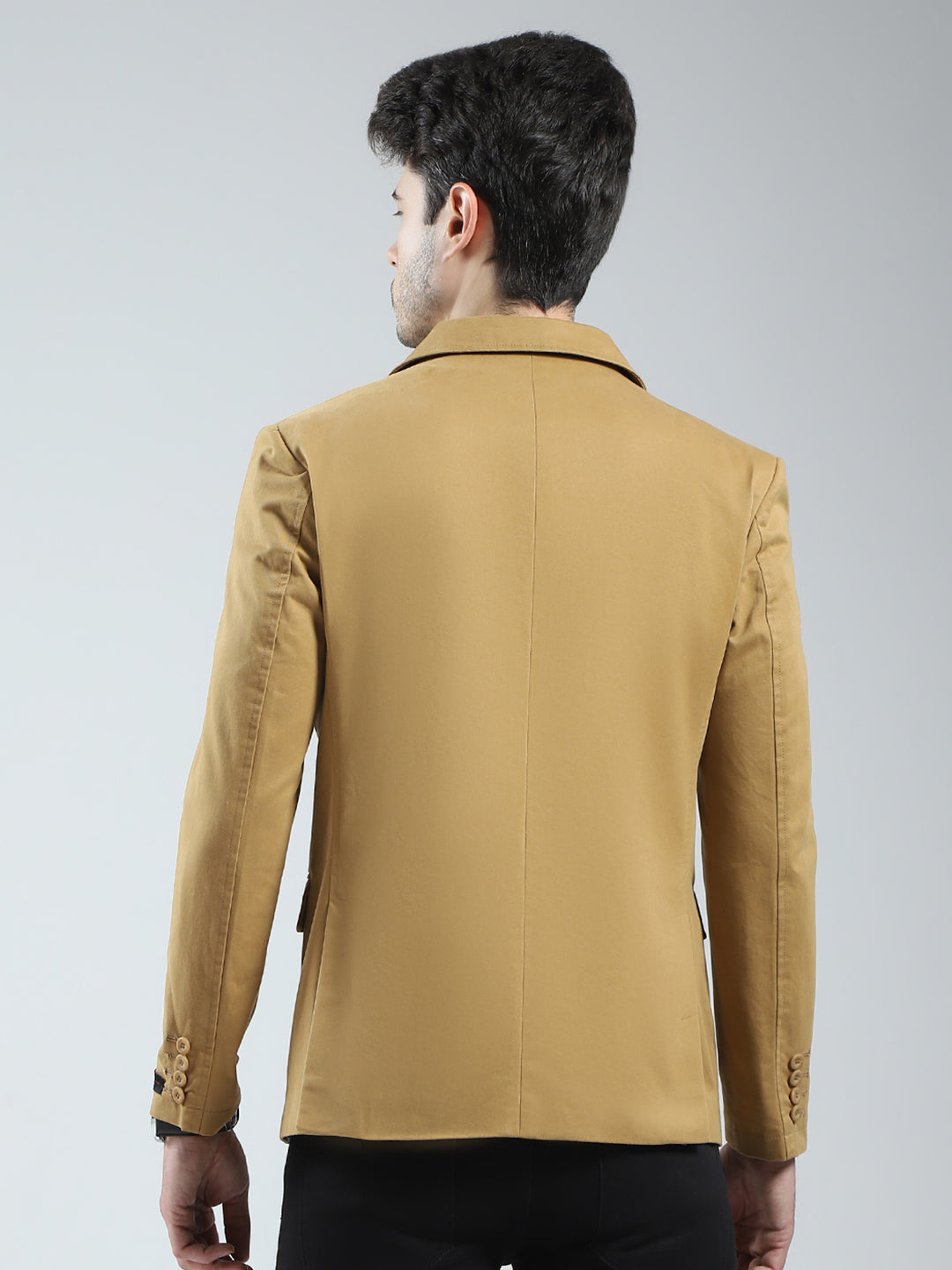 Men Khaki Solid Notch Lapel Collar Full Sleeve Blazer