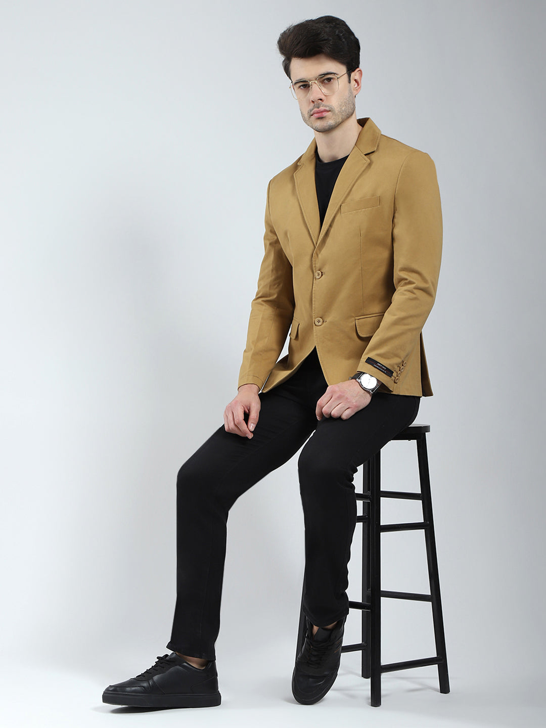 Men Khaki Solid Notch Lapel Collar Full Sleeve Blazer