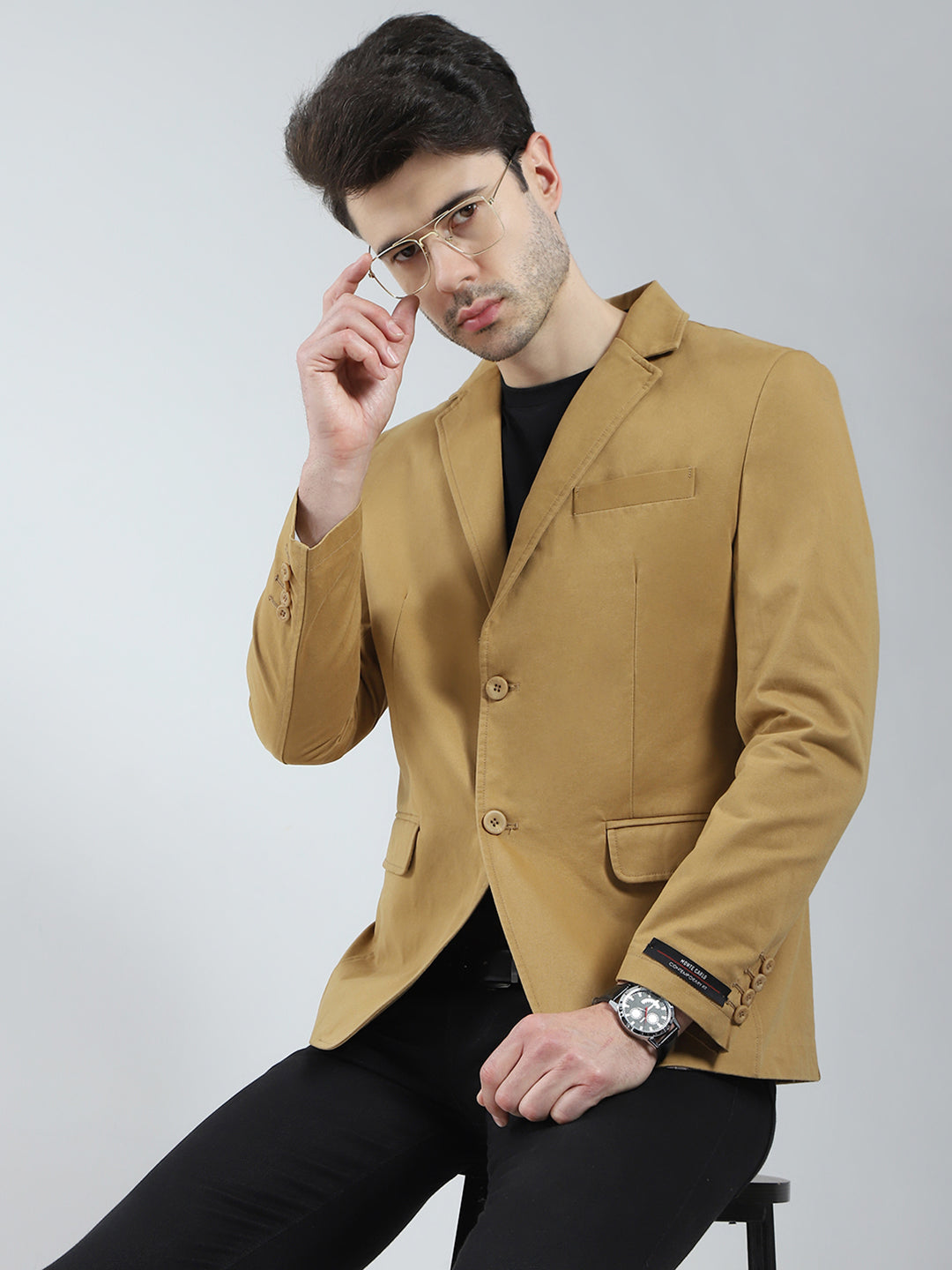 Men Khaki Solid Notch Lapel Collar Full Sleeve Blazer