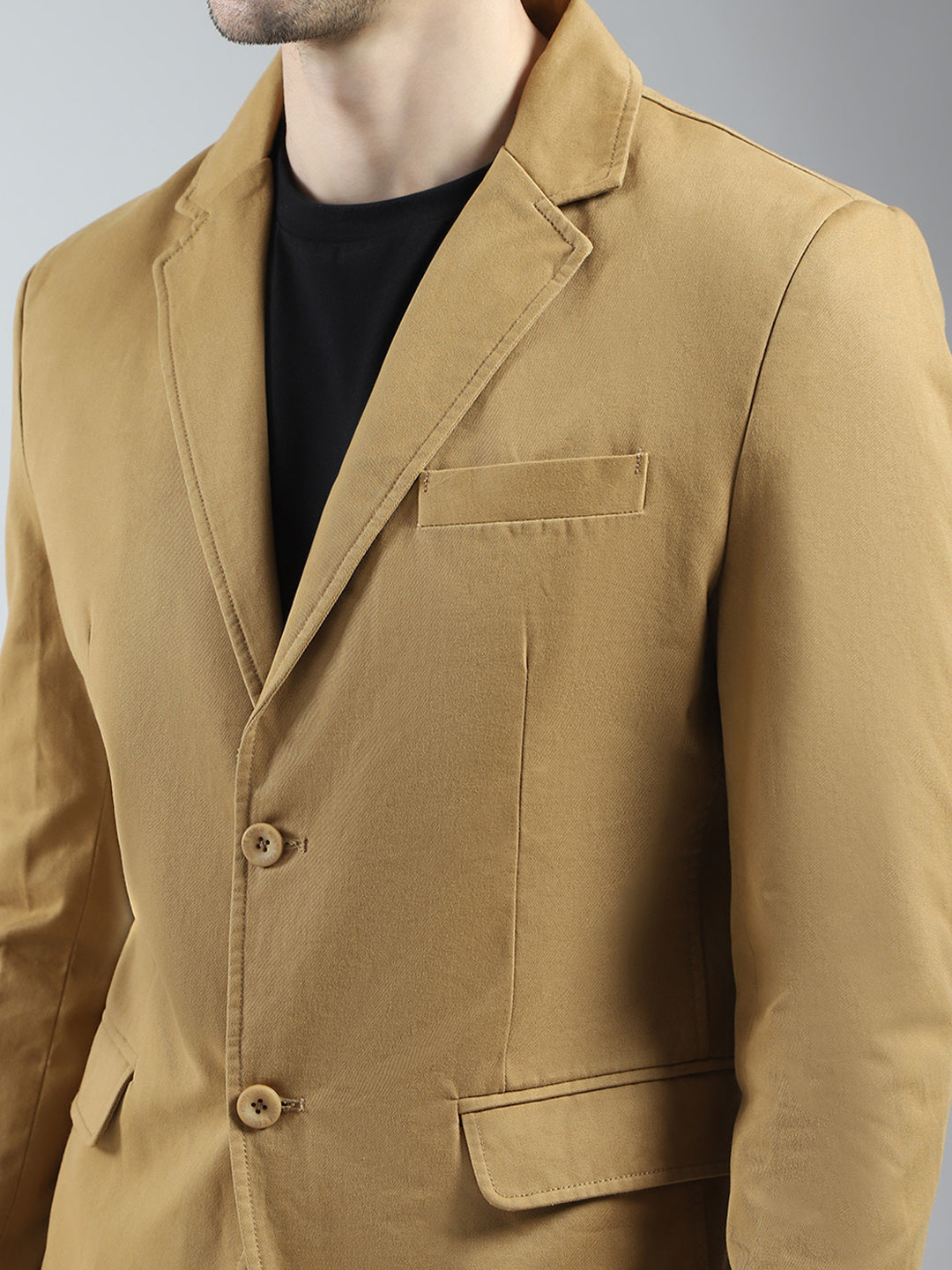 Men Khaki Solid Notch Lapel Collar Full Sleeve Blazer