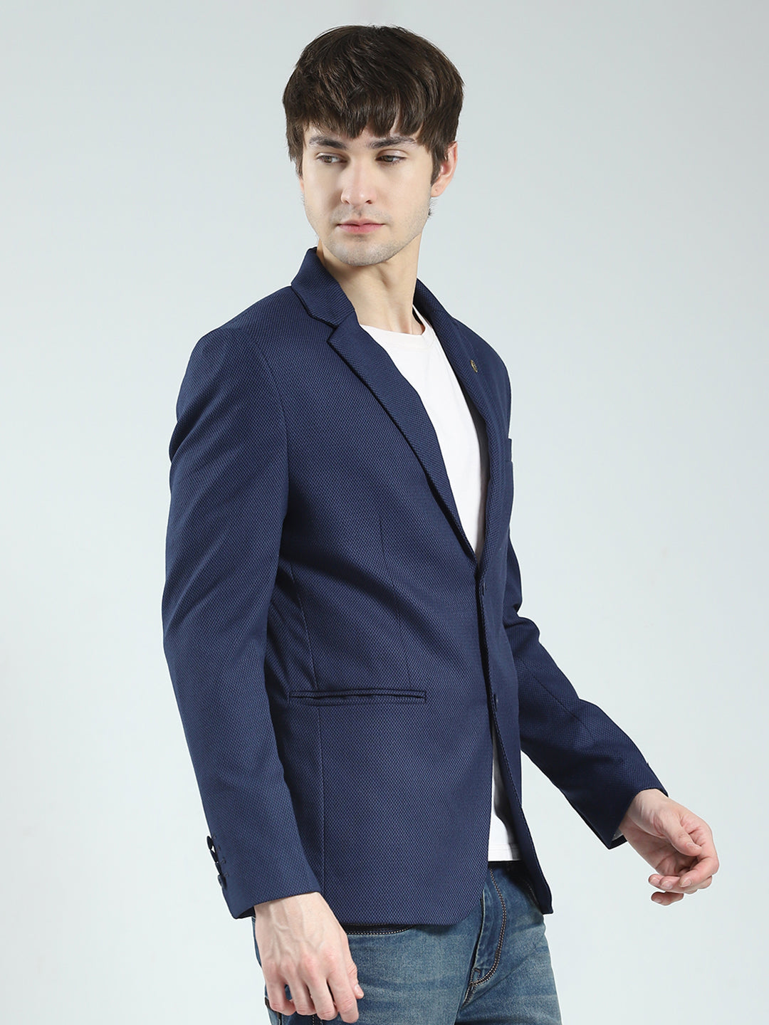 Men Navy Blue Self Design Notch Lapel Collar Full Sleeve Blazer