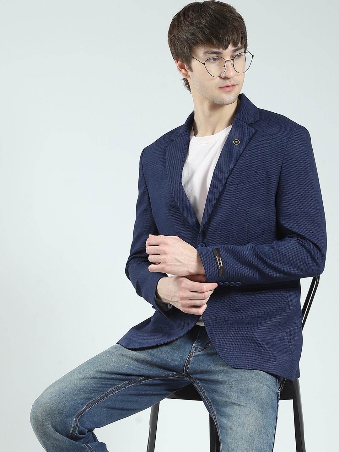 Men Navy Blue Self Design Notch Lapel Collar Full Sleeve Blazer