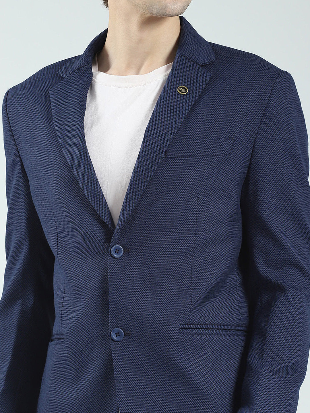 Men Navy Blue Self Design Notch Lapel Collar Full Sleeve Blazer