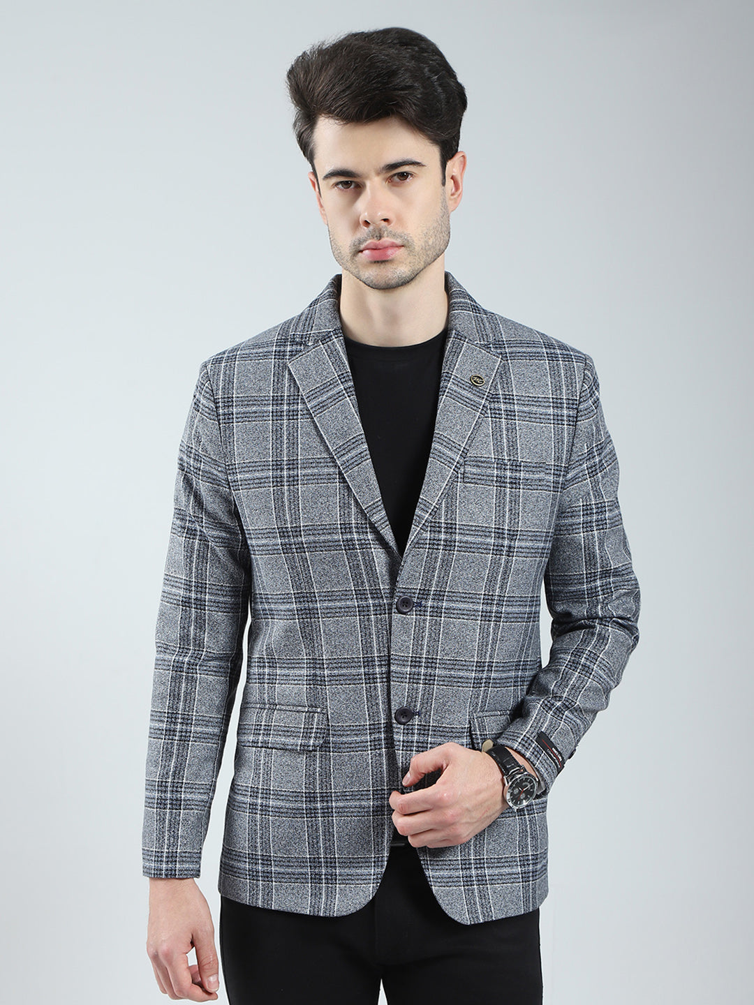 Men Grey Check Notch Lapel Collar Full Sleeve Blazer
