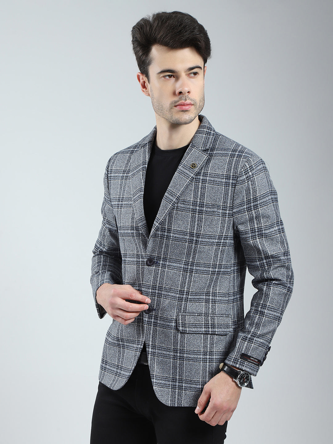 Men Grey Check Notch Lapel Collar Full Sleeve Blazer