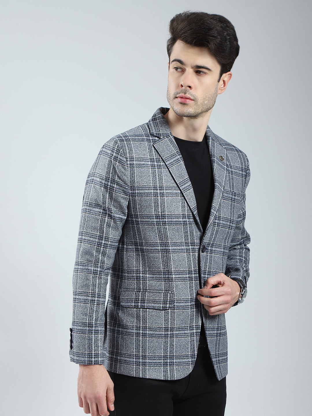 Men Grey Check Notch Lapel Collar Full Sleeve Blazer