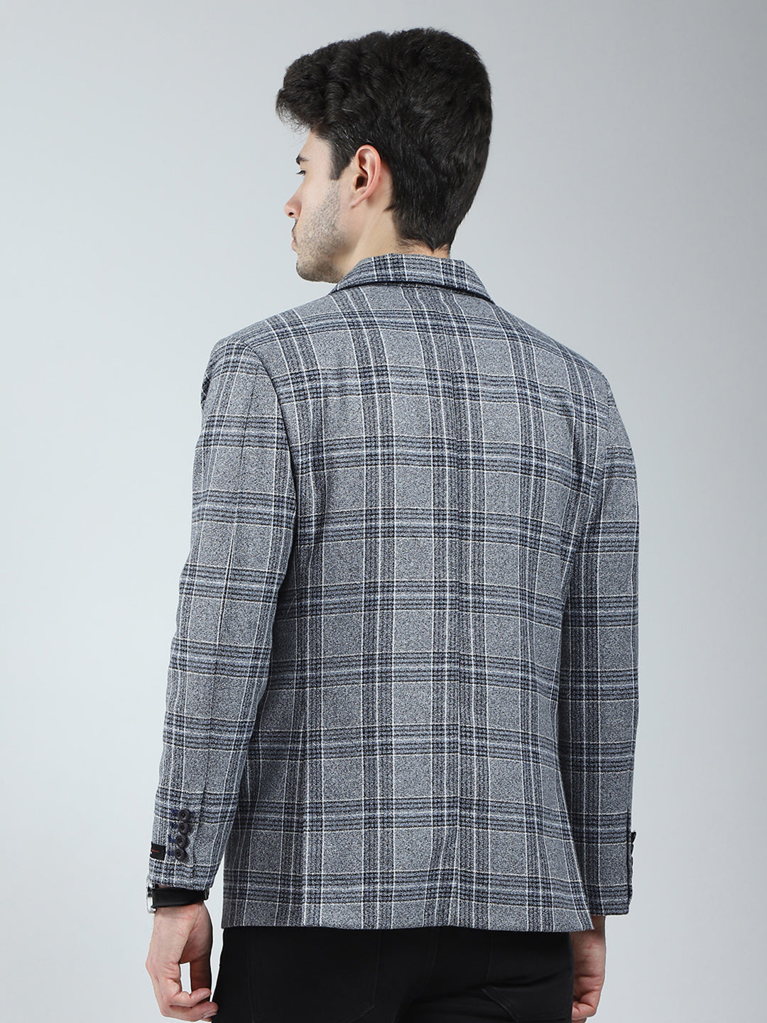 Men Grey Check Notch Lapel Collar Full Sleeve Blazer