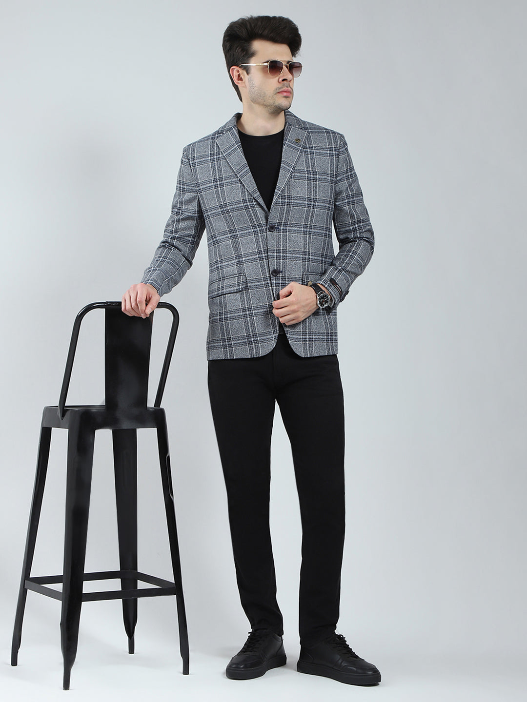 Men Grey Check Notch Lapel Collar Full Sleeve Blazer