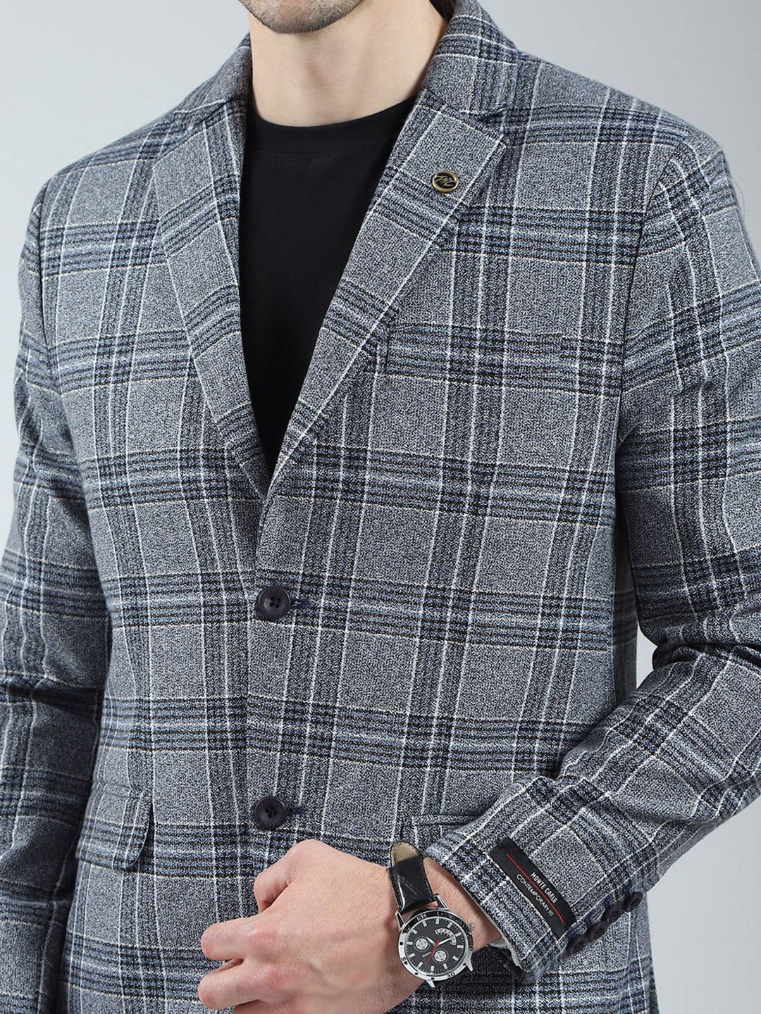 Men Grey Check Notch Lapel Collar Full Sleeve Blazer