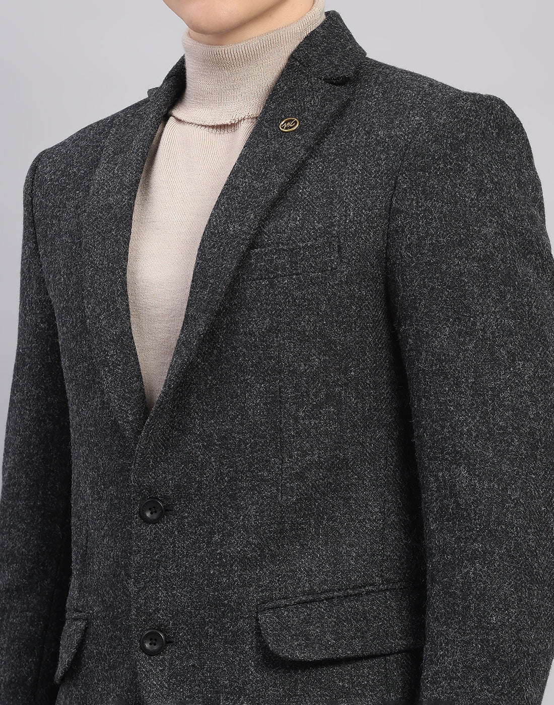 Men Grey Self Design Collar Full Sleeve Blazer