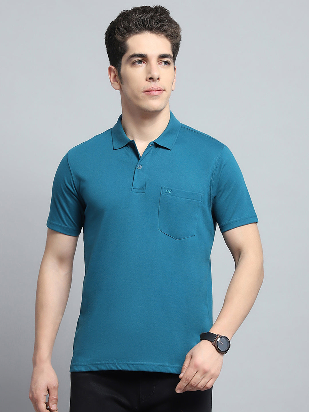 Men Teal Blue Solid Collar Half Sleeve T-Shirt