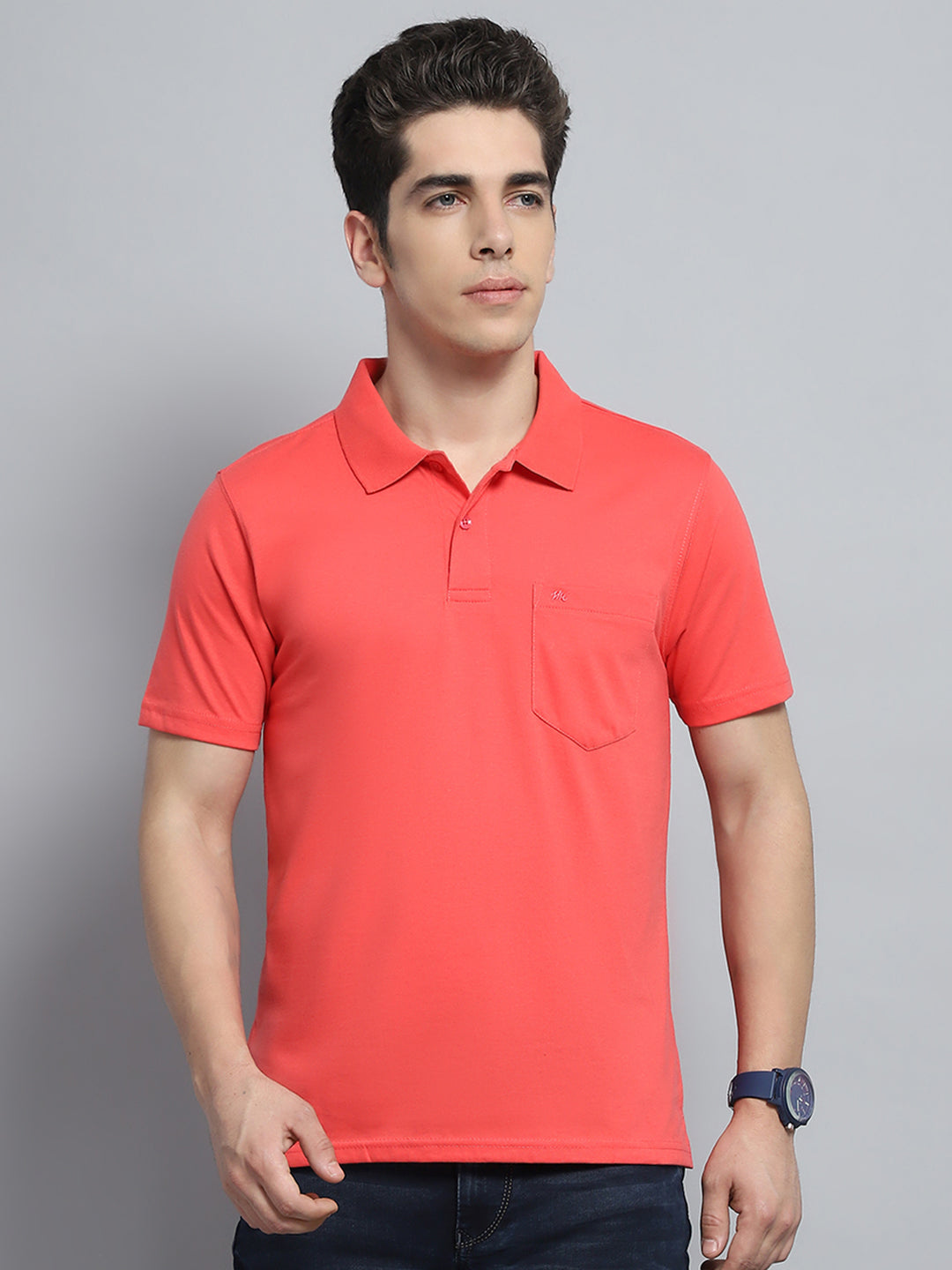 Men Pink Solid Collar Half Sleeve T-Shirt