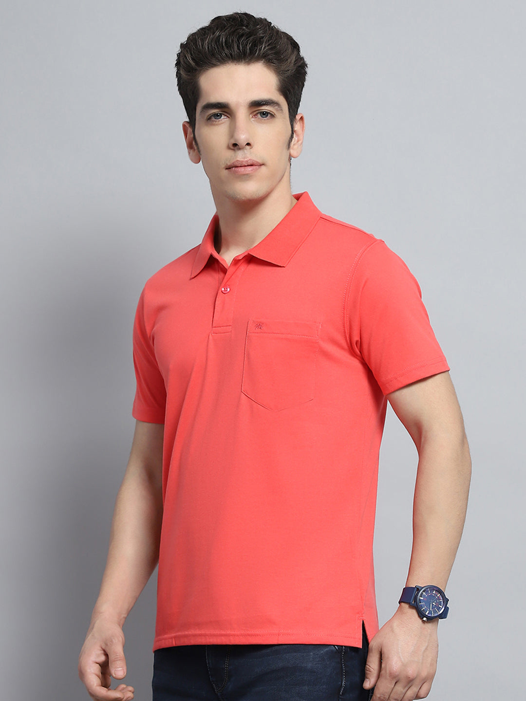Men Pink Solid Collar Half Sleeve T-Shirt
