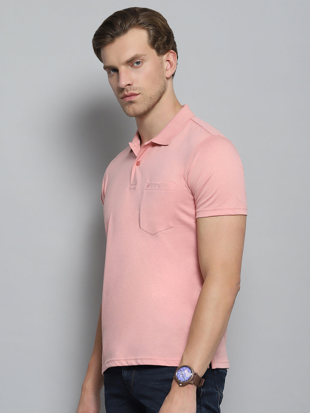 Men Pink Solid Collar Half Sleeve T-Shirt