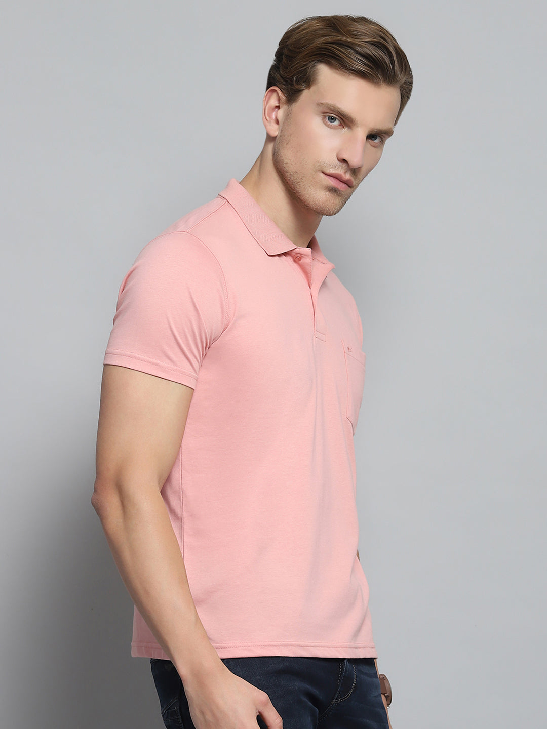 Men Pink Solid Collar Half Sleeve T-Shirt